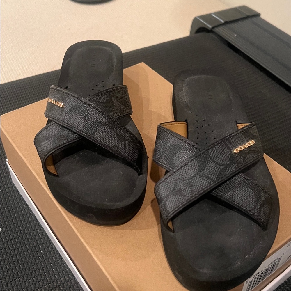 Coach Black Criss Cross Leather Slide Sandals